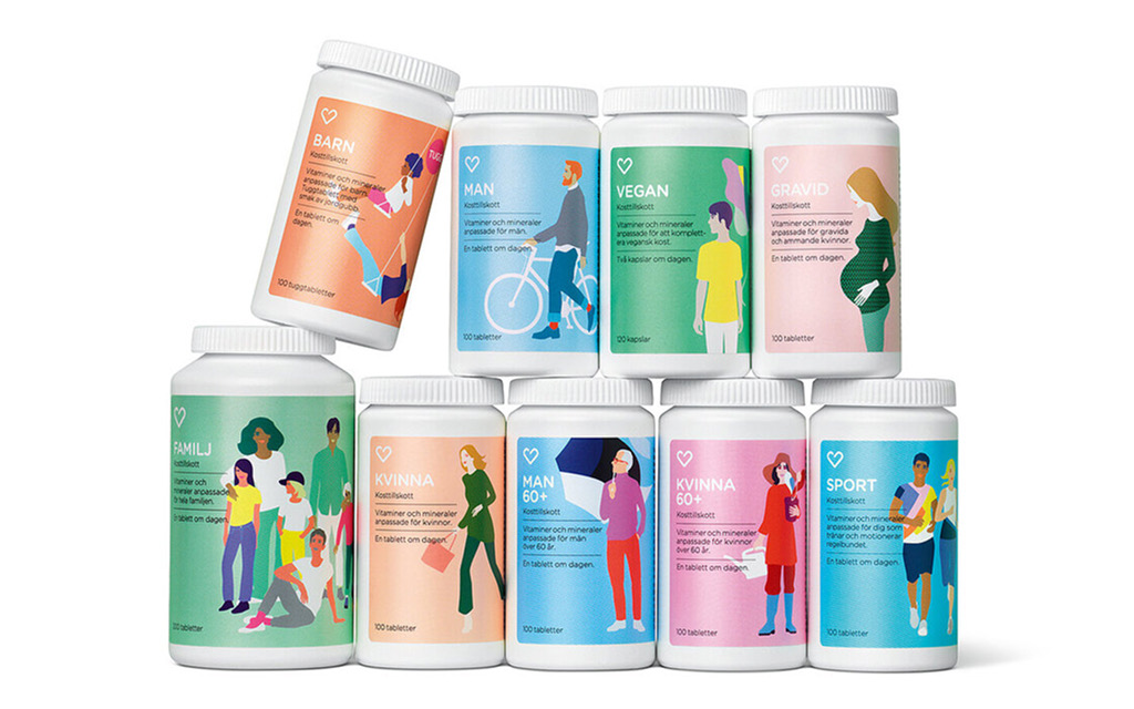 Rows of packaged supplement products on a white background
