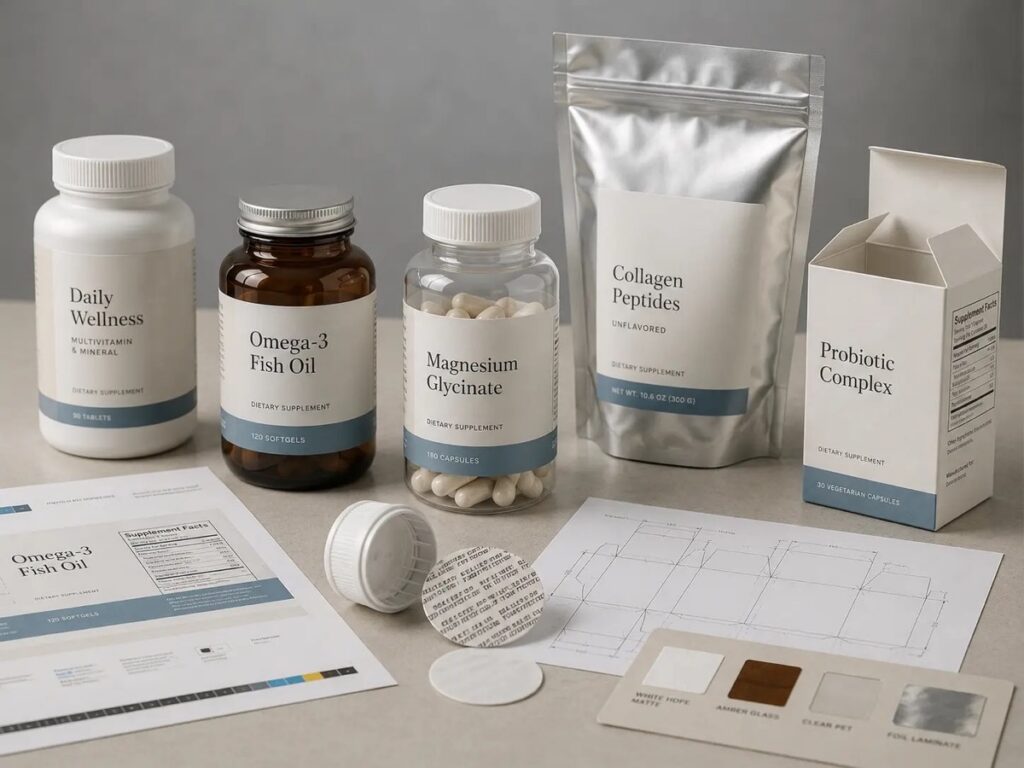 Supplement product packaging and label design materials on a workbench