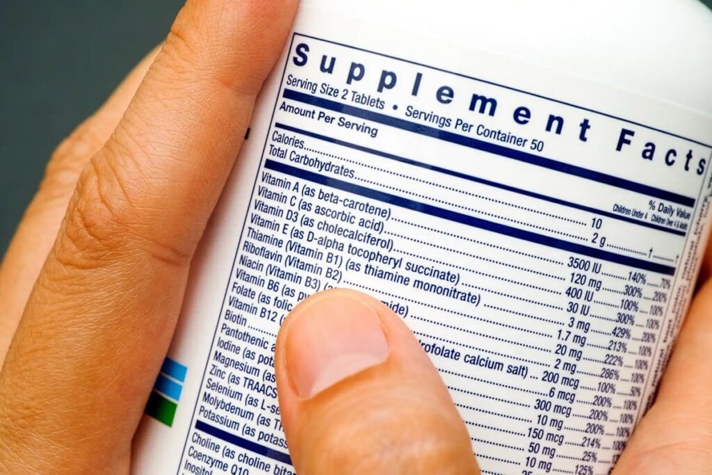 Close-up of a Supplement Facts label on a product bottle